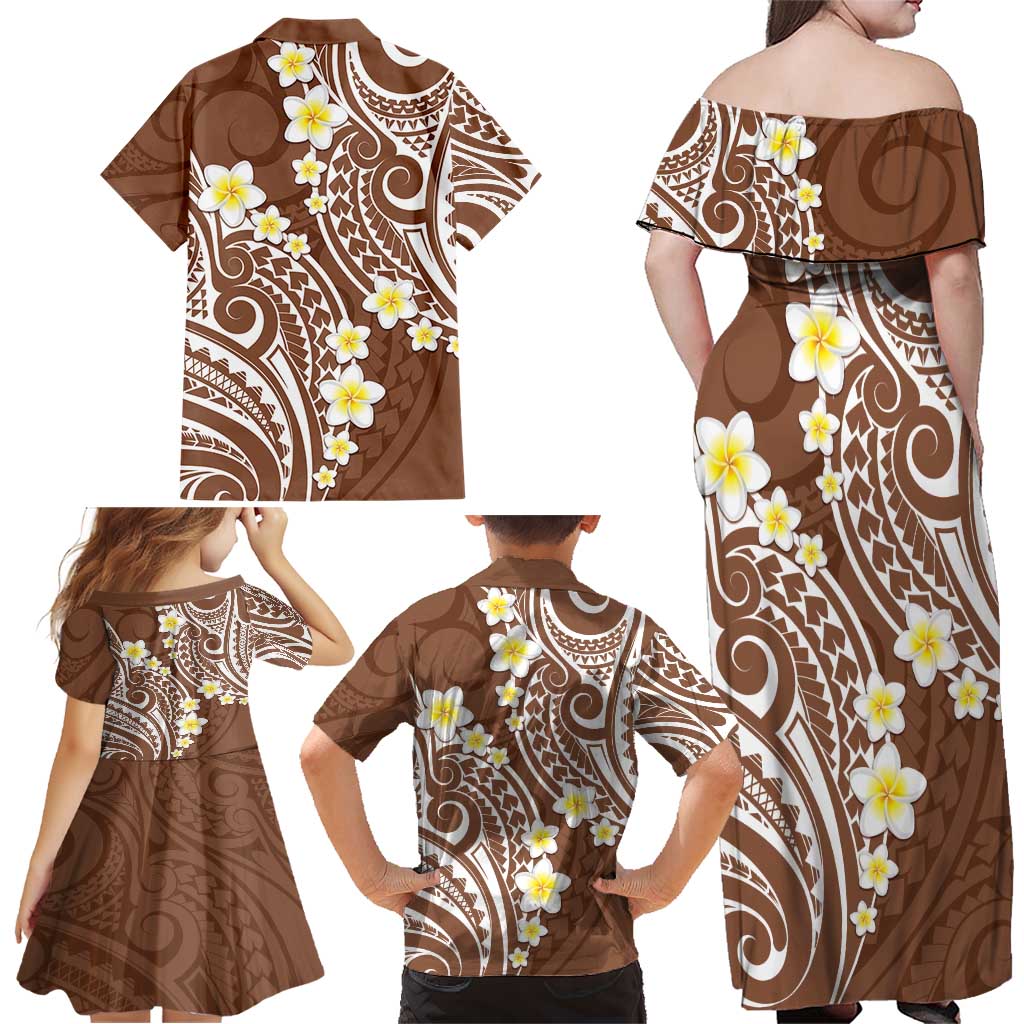 Plumeria With Brown Polynesian Tattoo Pattern Family Matching Off Shoulder Maxi Dress and Hawaiian Shirt LT05 - Polynesian Pride