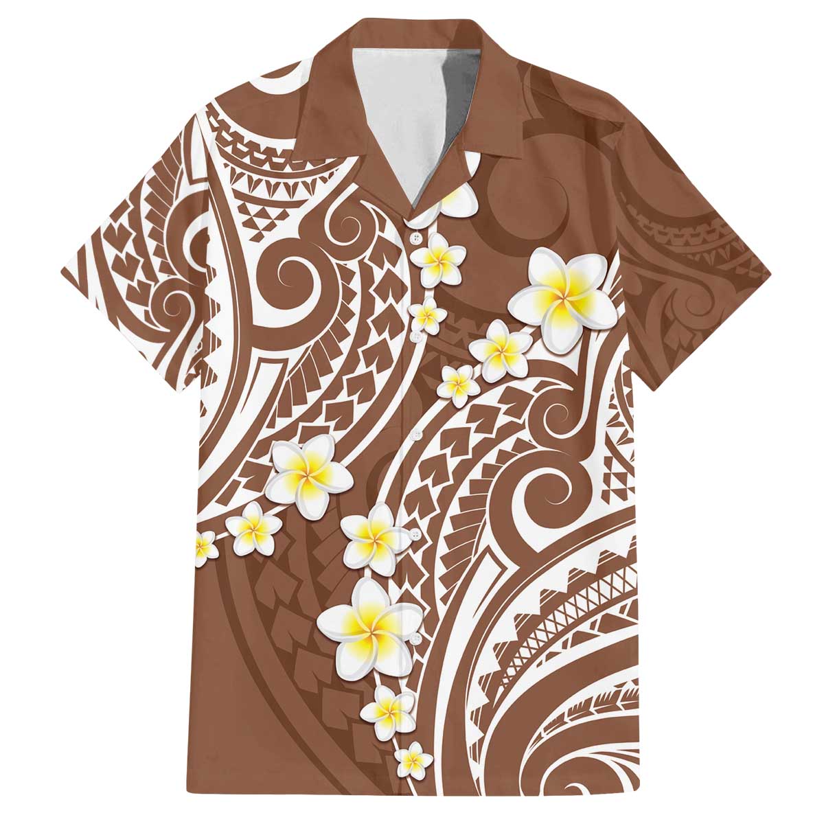 Plumeria With Brown Polynesian Tattoo Pattern Family Matching Off Shoulder Short Dress and Hawaiian Shirt LT05 Dad's Shirt - Short Sleeve Brown - Polynesian Pride
