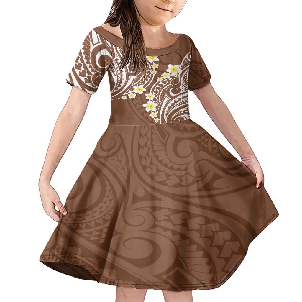 Plumeria With Brown Polynesian Tattoo Pattern Family Matching Short Sleeve Bodycon Dress and Hawaiian Shirt LT05 Daughter's Dress Brown - Polynesian Pride