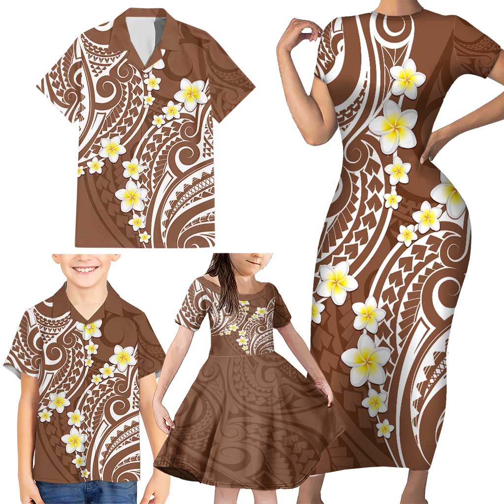 Plumeria With Brown Polynesian Tattoo Pattern Family Matching Short Sleeve Bodycon Dress and Hawaiian Shirt LT05 - Polynesian Pride