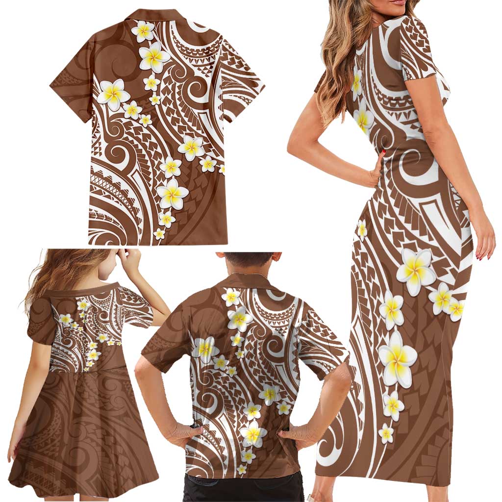 Plumeria With Brown Polynesian Tattoo Pattern Family Matching Short Sleeve Bodycon Dress and Hawaiian Shirt LT05 - Polynesian Pride