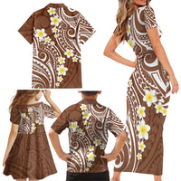 Plumeria With Brown Polynesian Tattoo Pattern Family Matching Short Sleeve Bodycon Dress and Hawaiian Shirt LT05 - Polynesian Pride