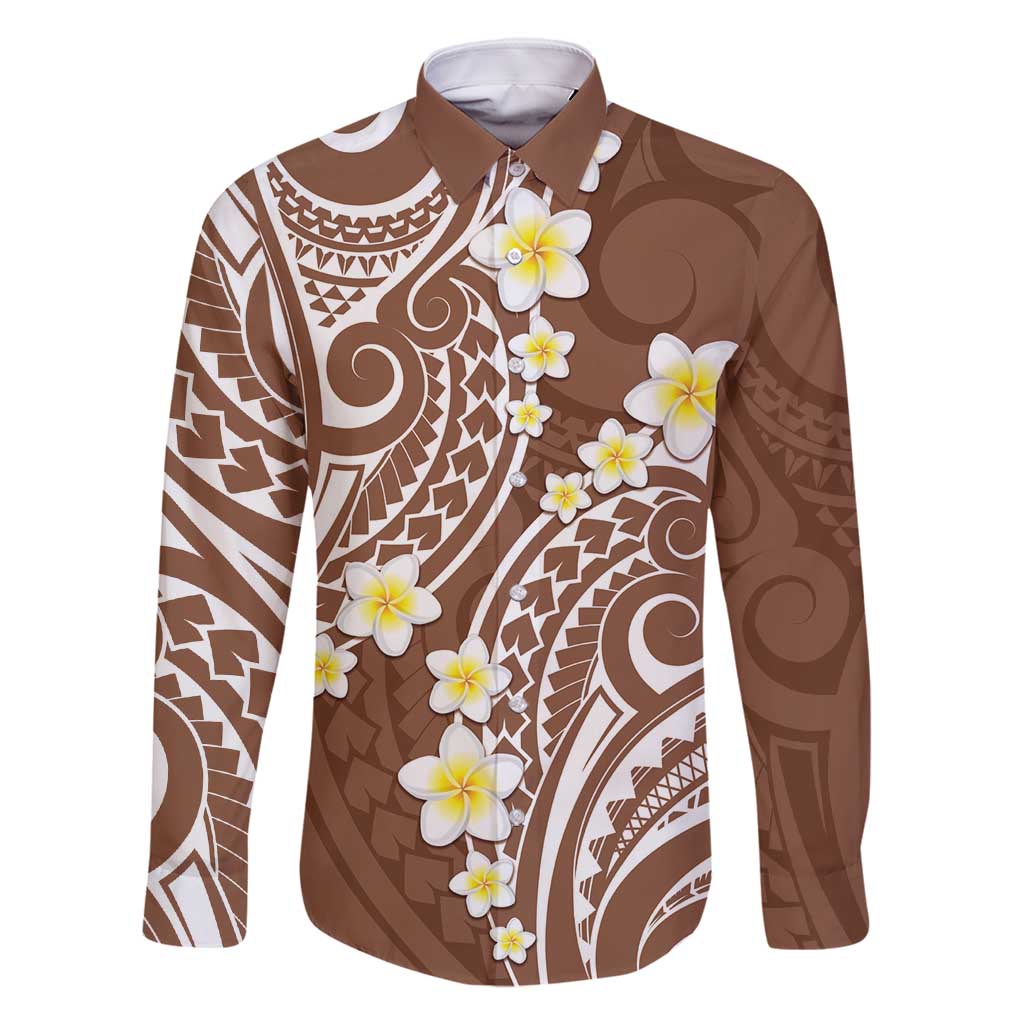 Plumeria With Brown Polynesian Tattoo Pattern Family Matching Summer Maxi Dress and Hawaiian Shirt LT05 Dad's Shirt - Long Sleeve Brown - Polynesian Pride