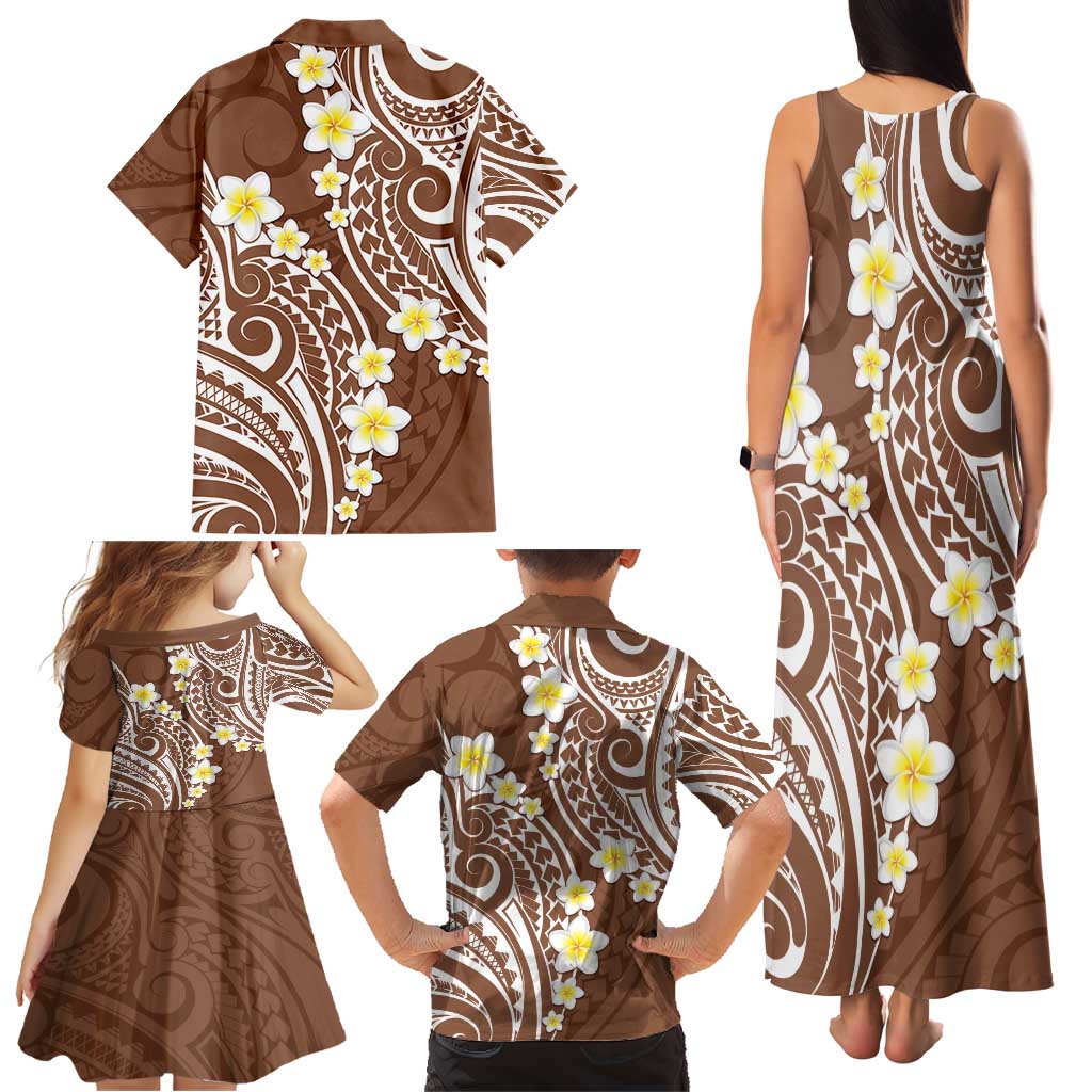 Plumeria With Brown Polynesian Tattoo Pattern Family Matching Tank Maxi Dress and Hawaiian Shirt LT05 - Polynesian Pride