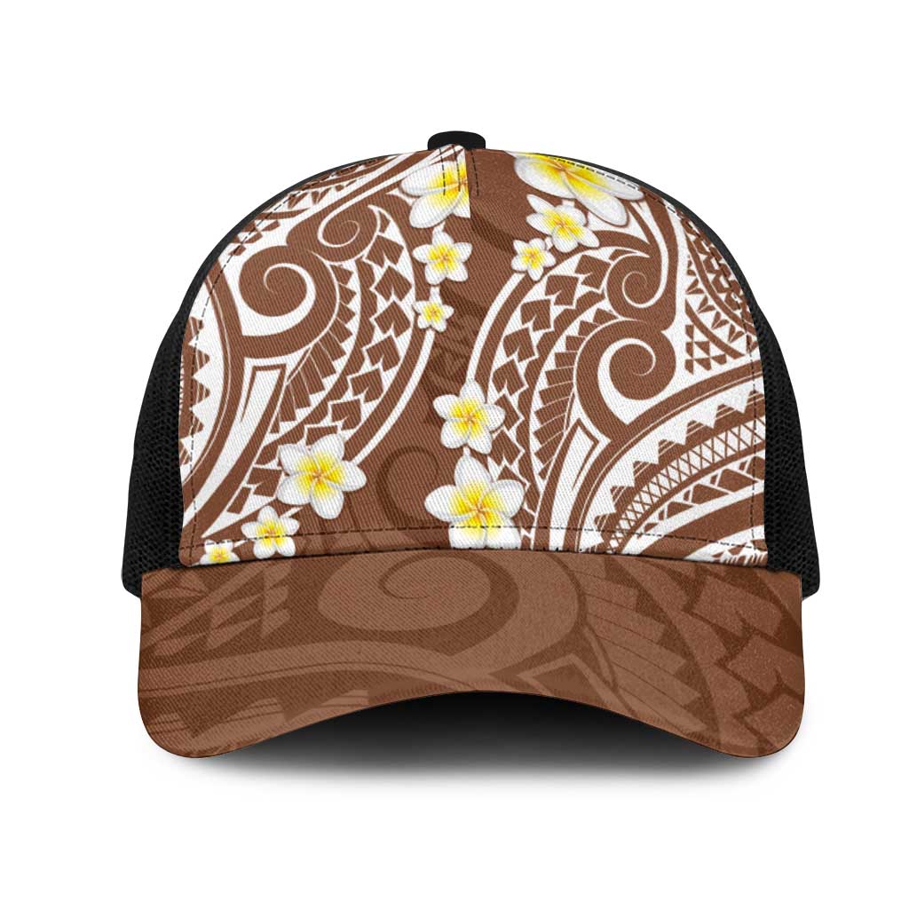 Plumeria With Brown Polynesian Tattoo Pattern Mesh Trucker Cap - Polynesian Pride