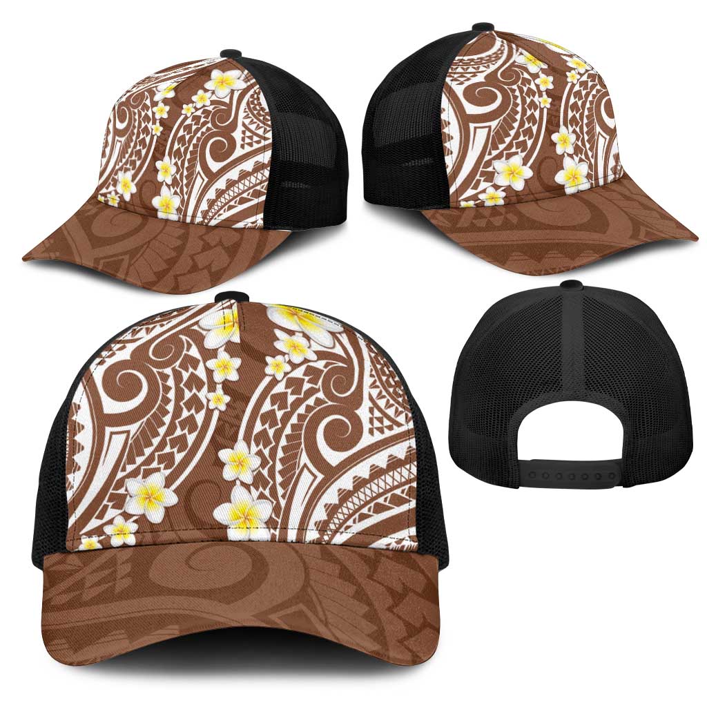 Plumeria With Brown Polynesian Tattoo Pattern Mesh Trucker Cap - Polynesian Pride