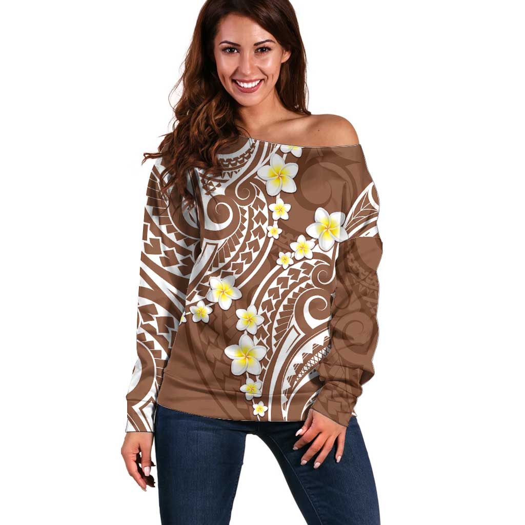 Plumeria With Brown Polynesian Tattoo Pattern Off Shoulder Sweater LT05 Women Brown - Polynesian Pride