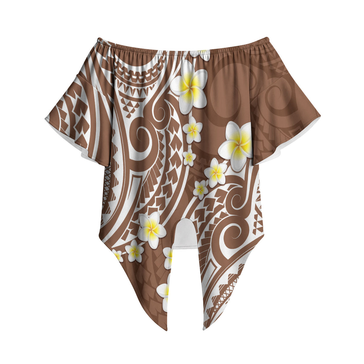 Plumeria With Brown Polynesian Tattoo Pattern Off Shoulder Wrap Waist Top LT05 Brown - Polynesian Pride
