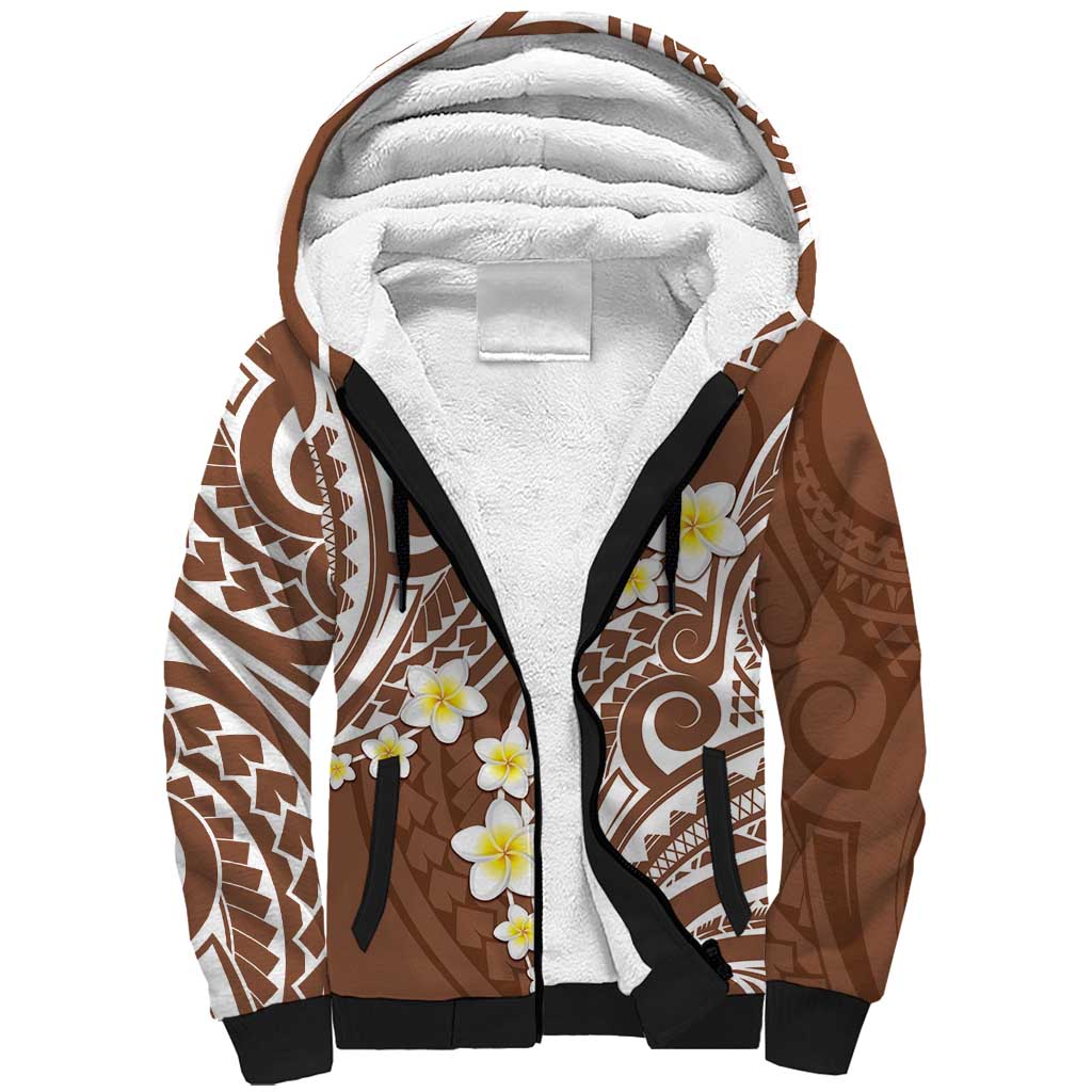 Plumeria With Brown Polynesian Tattoo Pattern Sherpa Hoodie LT05 Unisex Brown - Polynesian Pride
