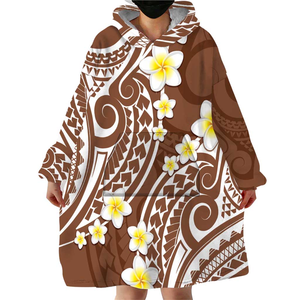 Plumeria With Brown Polynesian Tattoo Pattern Wearable Blanket Hoodie LT05 - Polynesian Pride