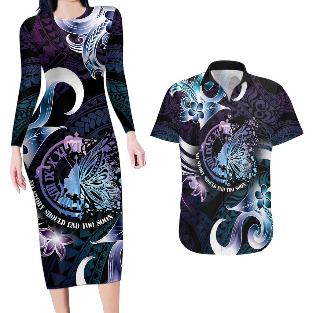 Personalised Polynesia Suicide Prevention Awareness Couples Matching Long Sleeve Bodycon Dress and Hawaiian Shirt No Story Should End Too Soon LT05 Purple - Polynesian Pride