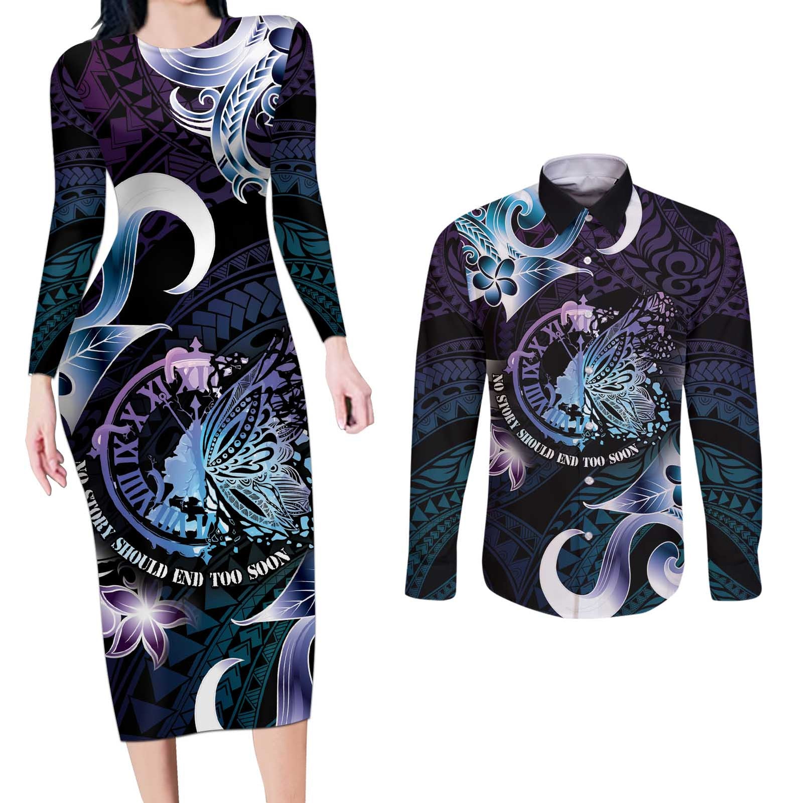 Personalised Polynesia Suicide Prevention Awareness Couples Matching Long Sleeve Bodycon Dress and Long Sleeve Button Shirt No Story Should End Too Soon LT05 Purple - Polynesian Pride