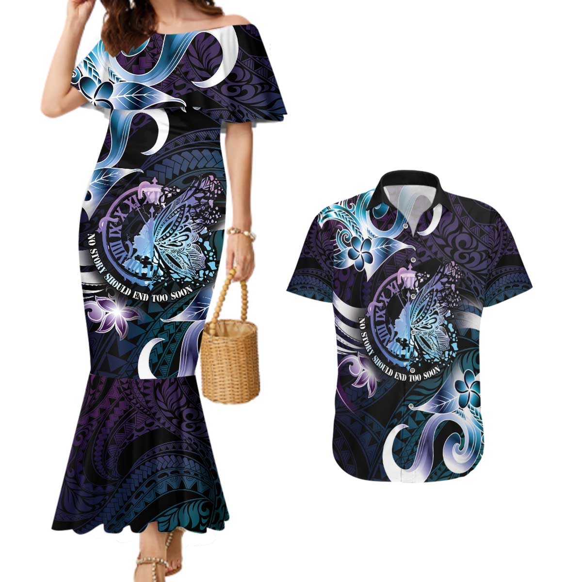 Personalised Polynesia Suicide Prevention Awareness Couples Matching Mermaid Dress and Hawaiian Shirt No Story Should End Too Soon LT05 Purple - Polynesian Pride