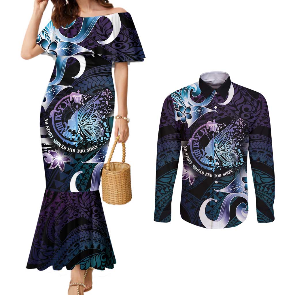 Personalised Polynesia Suicide Prevention Awareness Couples Matching Mermaid Dress and Long Sleeve Button Shirt No Story Should End Too Soon LT05 Purple - Polynesian Pride