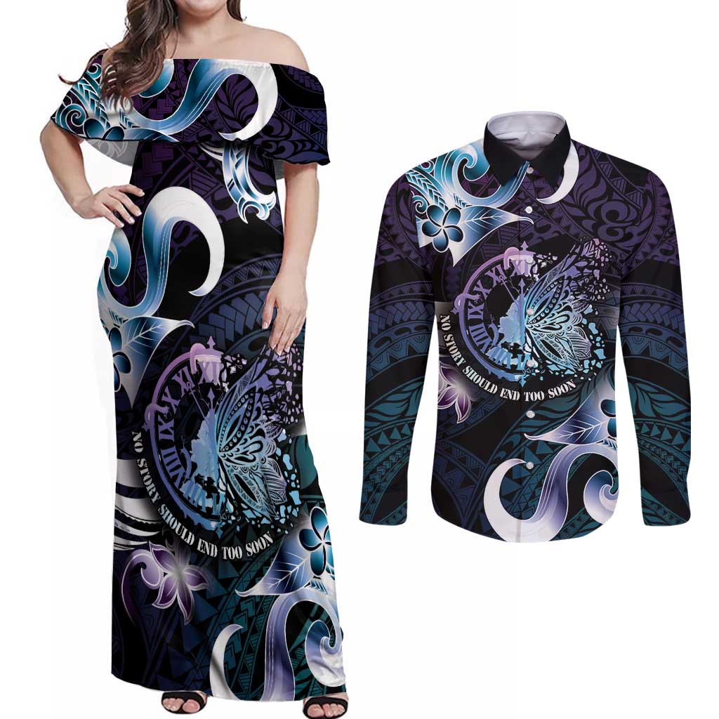 Personalised Polynesia Suicide Prevention Awareness Couples Matching Off Shoulder Maxi Dress and Long Sleeve Button Shirt No Story Should End Too Soon LT05 Purple - Polynesian Pride