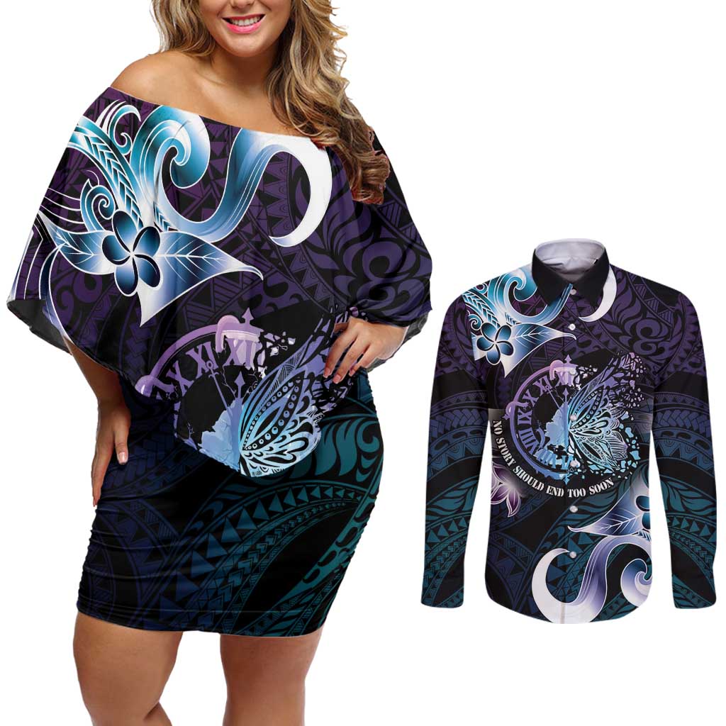 Personalised Polynesia Suicide Prevention Awareness Couples Matching Off Shoulder Short Dress and Long Sleeve Button Shirt No Story Should End Too Soon LT05 Purple - Polynesian Pride