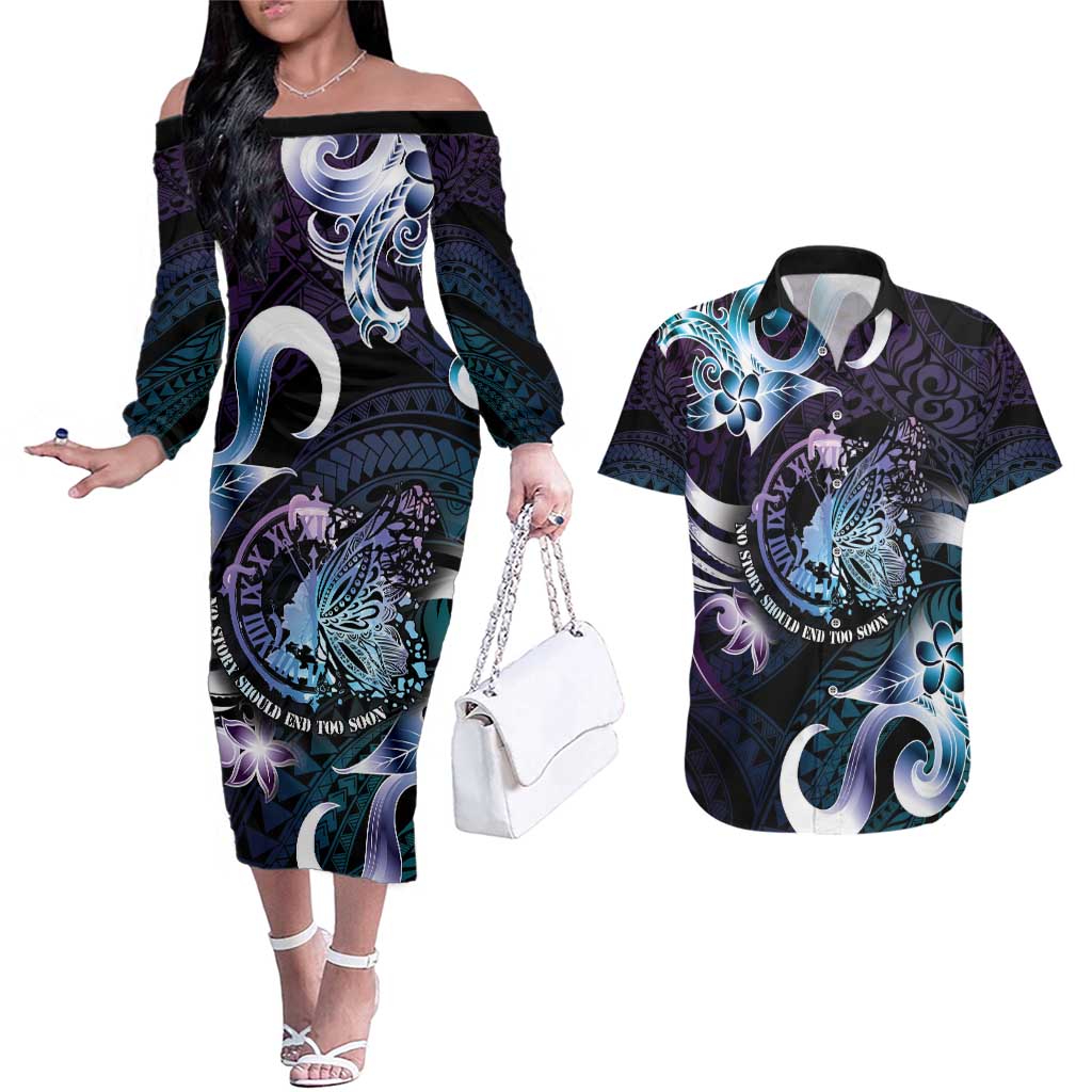 Personalised Polynesia Suicide Prevention Awareness Couples Matching Off The Shoulder Long Sleeve Dress and Hawaiian Shirt No Story Should End Too Soon LT05 Purple - Polynesian Pride