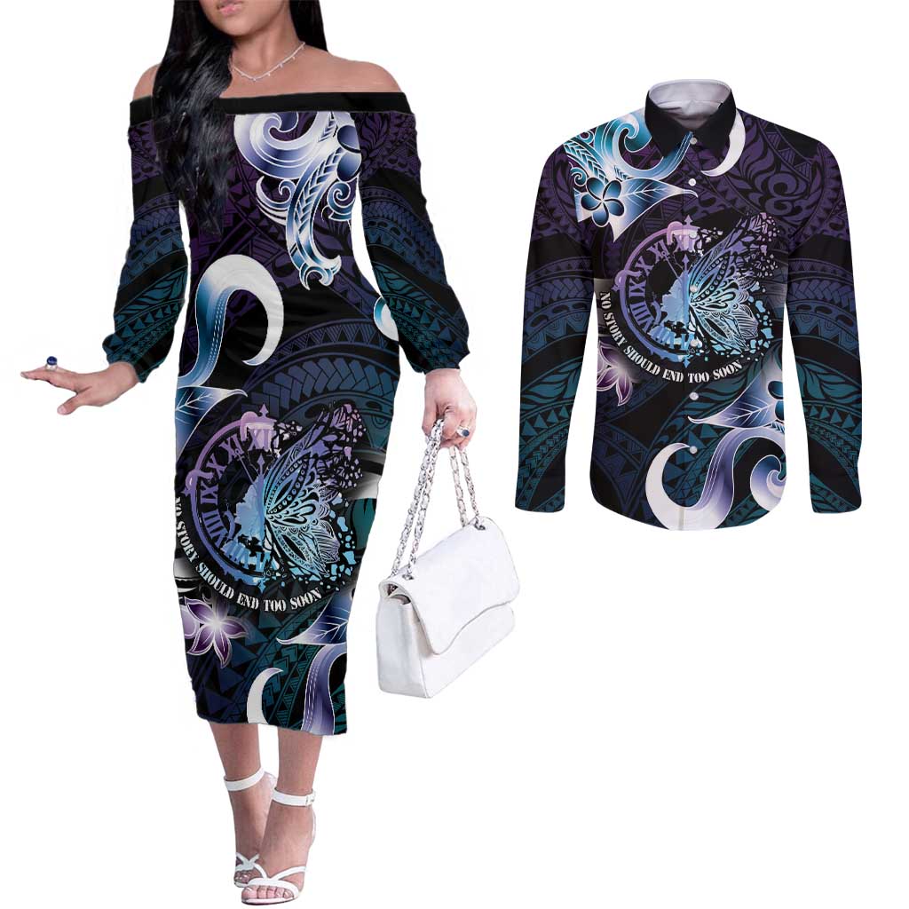 Personalised Polynesia Suicide Prevention Awareness Couples Matching Off The Shoulder Long Sleeve Dress and Long Sleeve Button Shirt No Story Should End Too Soon LT05 Purple - Polynesian Pride