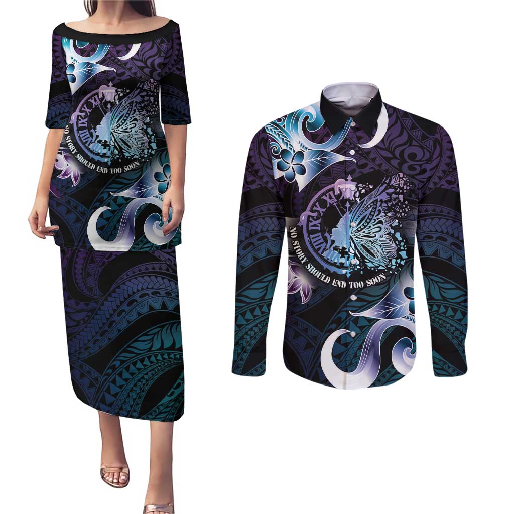Personalised Polynesia Suicide Prevention Awareness Couples Matching Puletasi and Long Sleeve Button Shirt No Story Should End Too Soon LT05 Purple - Polynesian Pride