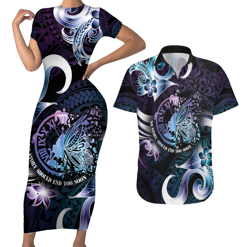 Personalised Polynesia Suicide Prevention Awareness Couples Matching Short Sleeve Bodycon Dress and Hawaiian Shirt No Story Should End Too Soon LT05 Purple - Polynesian Pride