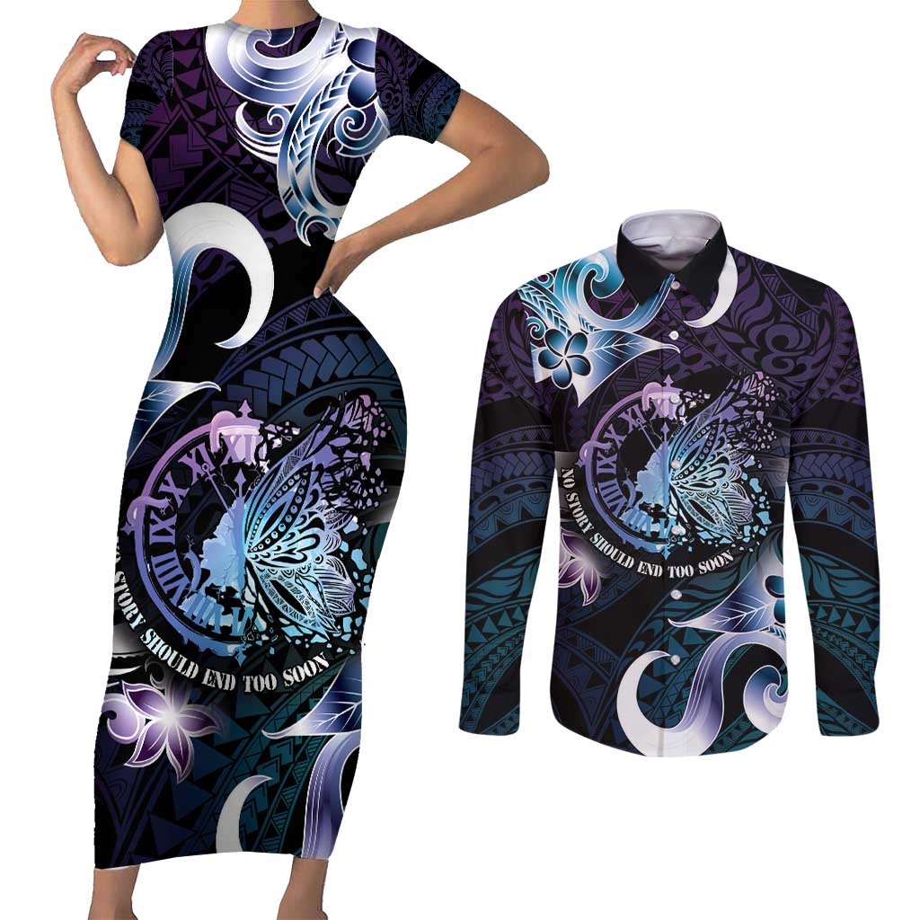 Personalised Polynesia Suicide Prevention Awareness Couples Matching Short Sleeve Bodycon Dress and Long Sleeve Button Shirt No Story Should End Too Soon LT05 Purple - Polynesian Pride