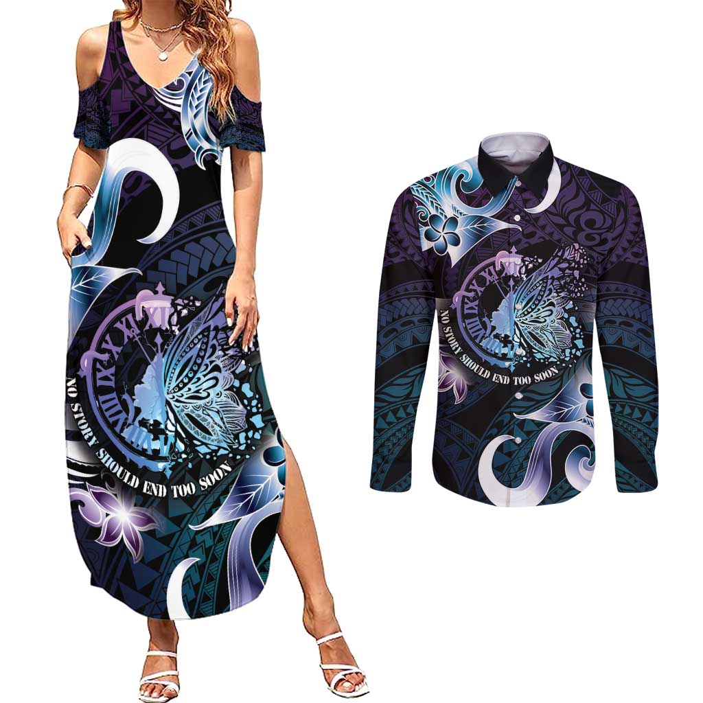 Personalised Polynesia Suicide Prevention Awareness Couples Matching Summer Maxi Dress and Long Sleeve Button Shirt No Story Should End Too Soon LT05 Purple - Polynesian Pride