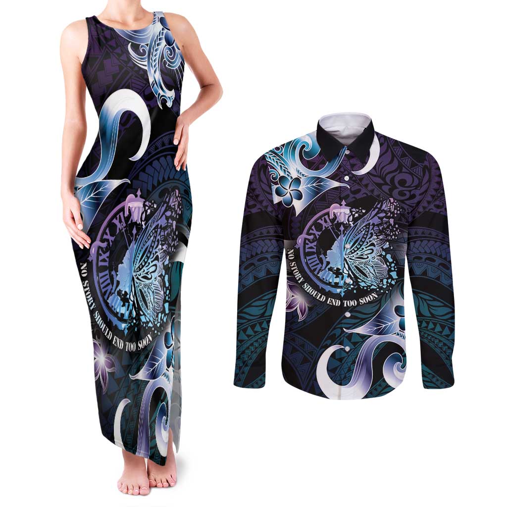Personalised Polynesia Suicide Prevention Awareness Couples Matching Tank Maxi Dress and Long Sleeve Button Shirt No Story Should End Too Soon LT05 Purple - Polynesian Pride