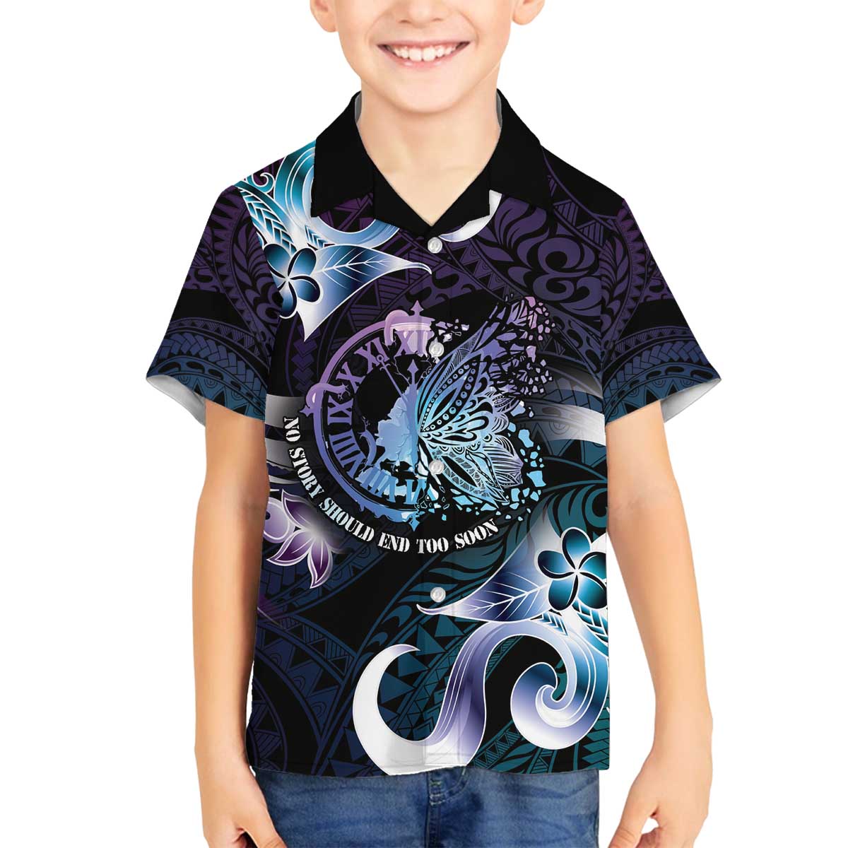 Personalised Polynesia Suicide Prevention Awareness Family Matching Off The Shoulder Long Sleeve Dress and Hawaiian Shirt No Story Should End Too Soon LT05 Son's Shirt Purple - Polynesian Pride