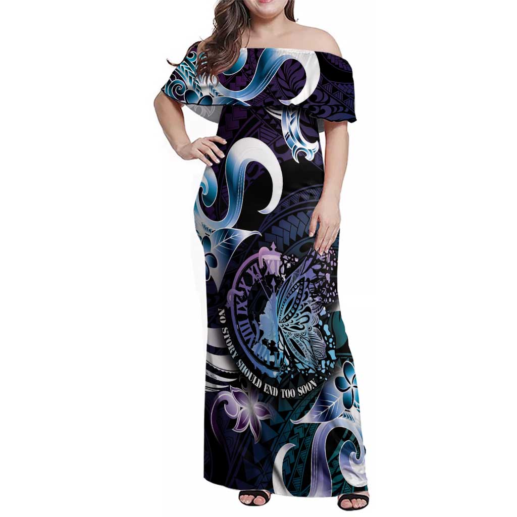 Personalised Polynesia Suicide Prevention Awareness Family Matching Off Shoulder Maxi Dress and Hawaiian Shirt No Story Should End Too Soon LT05 Mom's Dress Purple - Polynesian Pride