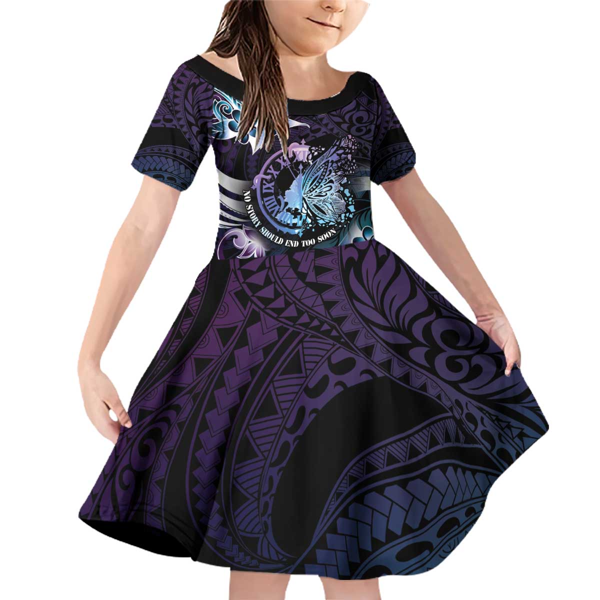 Personalised Polynesia Suicide Prevention Awareness Family Matching Off Shoulder Short Dress and Hawaiian Shirt No Story Should End Too Soon LT05 Daughter's Dress Purple - Polynesian Pride