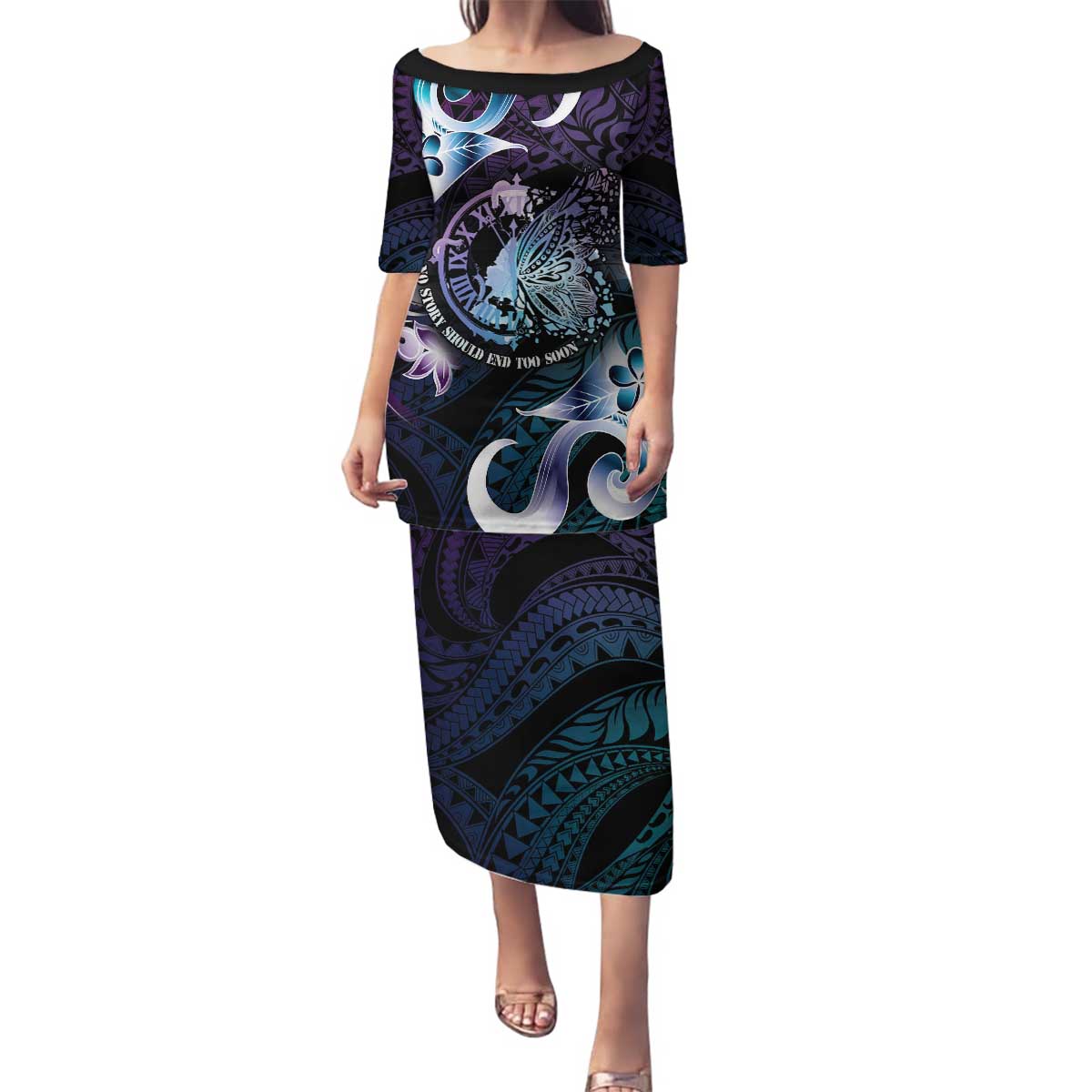 Personalised Polynesia Suicide Prevention Awareness Family Matching Puletasi and Hawaiian Shirt No Story Should End Too Soon LT05 Mom's Dress Purple - Polynesian Pride