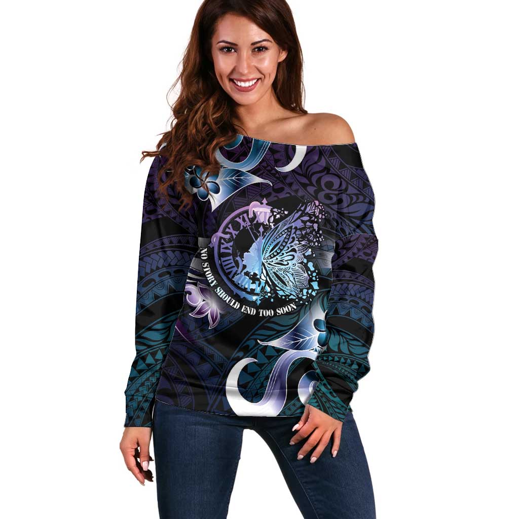 Personalised Polynesia Suicide Prevention Awareness Off Shoulder Sweater No Story Should End Too Soon LT05 Women Purple - Polynesian Pride