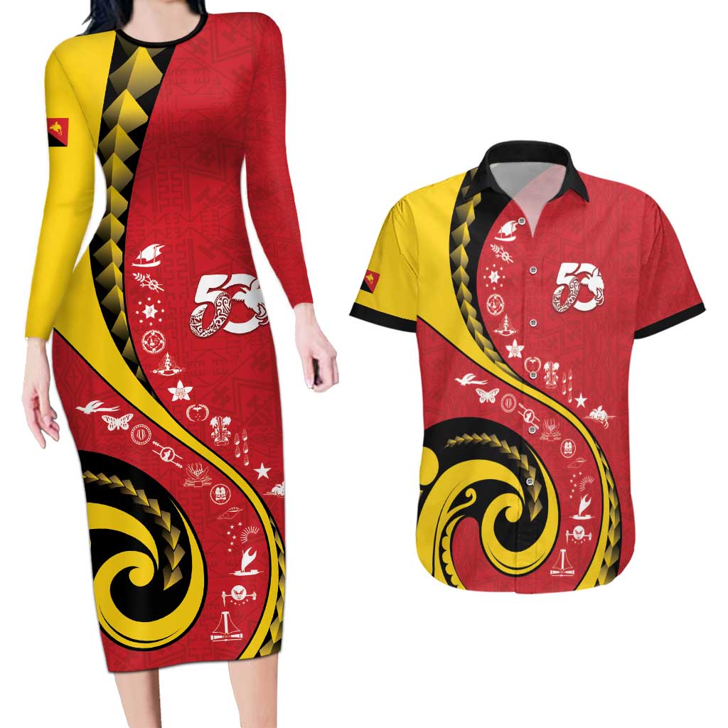 Papua New Guinea 50th Independence Anniversary Couples Matching Long Sleeve Bodycon Dress and Hawaiian Shirt Special Style Red Version LT05 Red - Polynesian Pride
