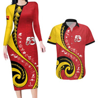 Papua New Guinea 50th Independence Anniversary Couples Matching Long Sleeve Bodycon Dress and Hawaiian Shirt Special Style Red Version LT05 Red - Polynesian Pride
