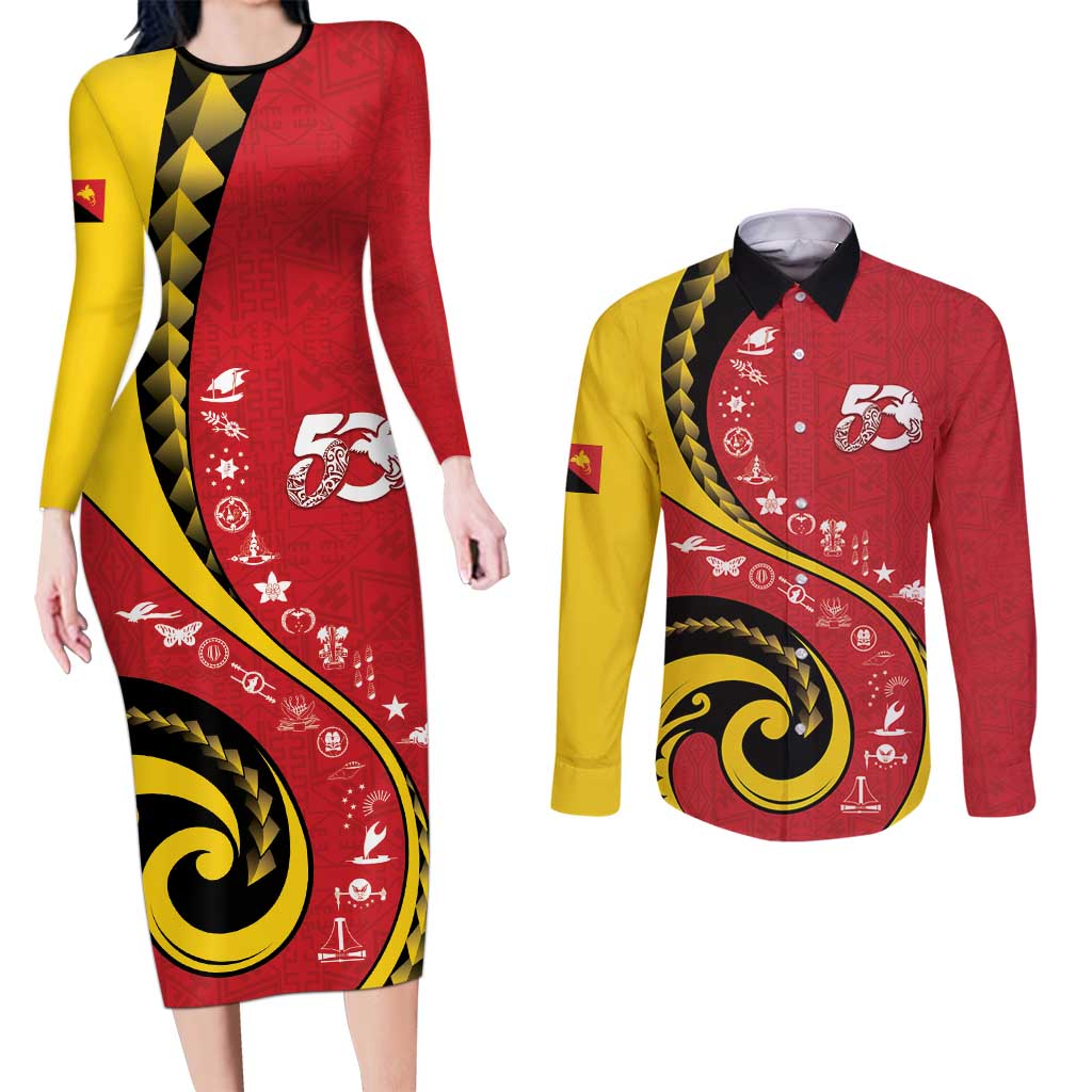 Papua New Guinea 50th Independence Anniversary Couples Matching Long Sleeve Bodycon Dress and Long Sleeve Button Shirt Special Style Red Version LT05 Red - Polynesian Pride
