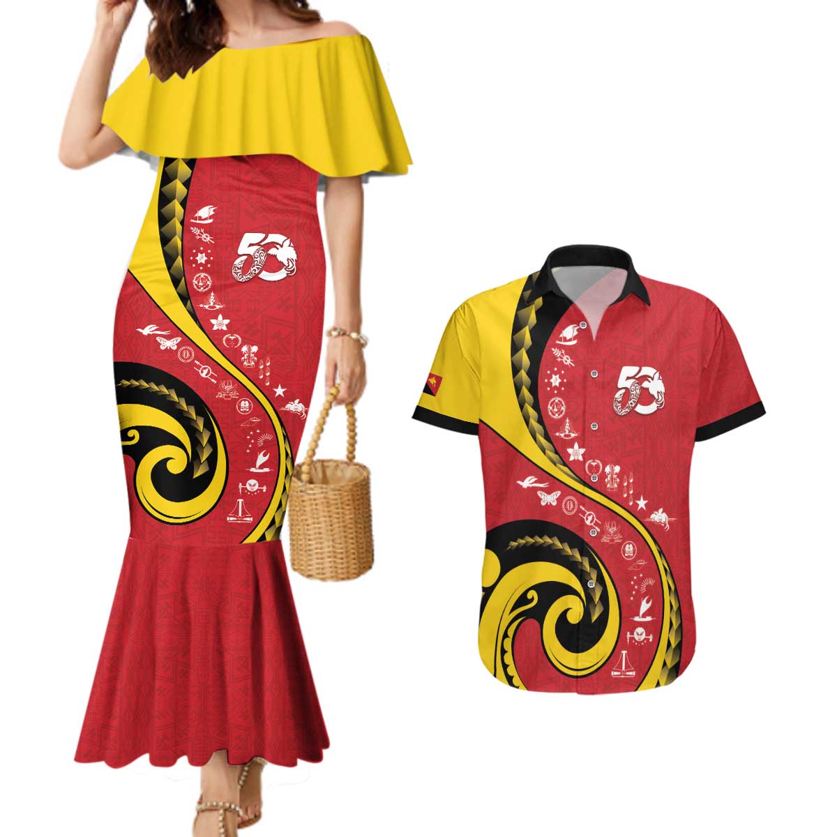 Papua New Guinea 50th Independence Anniversary Couples Matching Mermaid Dress and Hawaiian Shirt Special Style Red Version LT05 Red - Polynesian Pride