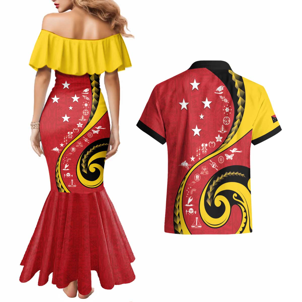 Papua New Guinea 50th Independence Anniversary Couples Matching Mermaid Dress and Hawaiian Shirt Special Style Red Version LT05 - Polynesian Pride