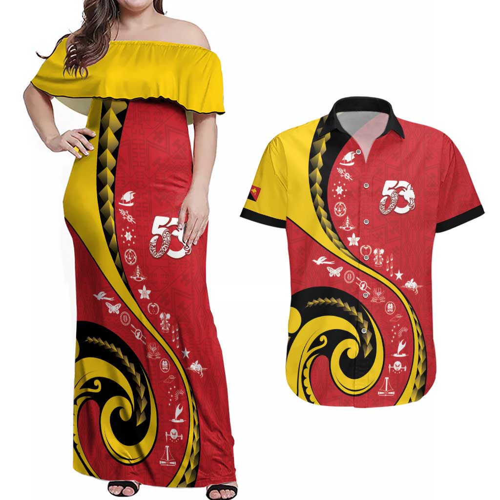 Papua New Guinea 50th Independence Anniversary Couples Matching Off Shoulder Maxi Dress and Hawaiian Shirt Special Style Red Version LT05 Red - Polynesian Pride