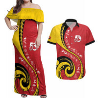 Papua New Guinea 50th Independence Anniversary Couples Matching Off Shoulder Maxi Dress and Hawaiian Shirt Special Style Red Version LT05 Red - Polynesian Pride