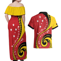 Papua New Guinea 50th Independence Anniversary Couples Matching Off Shoulder Maxi Dress and Hawaiian Shirt Special Style Red Version LT05 - Polynesian Pride
