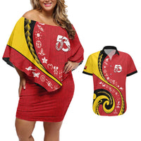 Papua New Guinea 50th Independence Anniversary Couples Matching Off Shoulder Short Dress and Hawaiian Shirt Special Style Red Version LT05 Red - Polynesian Pride