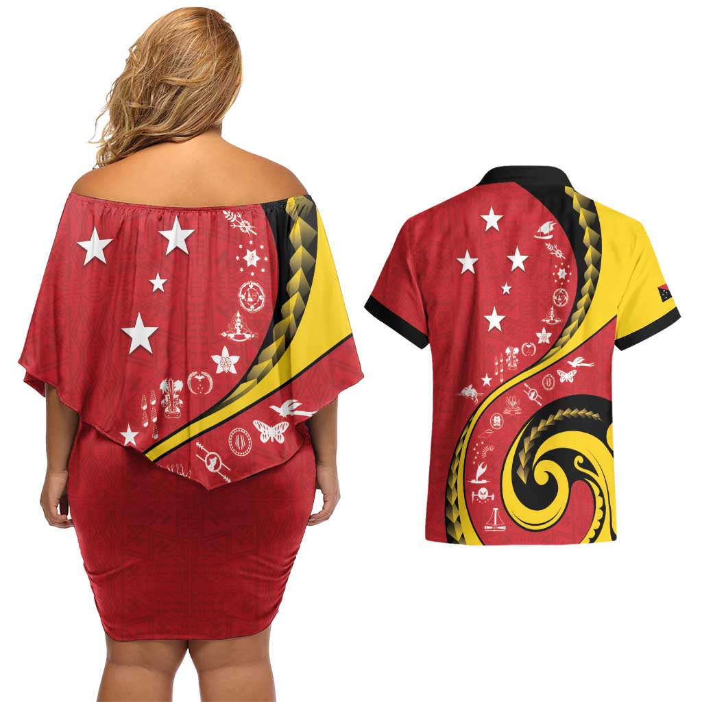 Papua New Guinea 50th Independence Anniversary Couples Matching Off Shoulder Short Dress and Hawaiian Shirt Special Style Red Version LT05 - Polynesian Pride