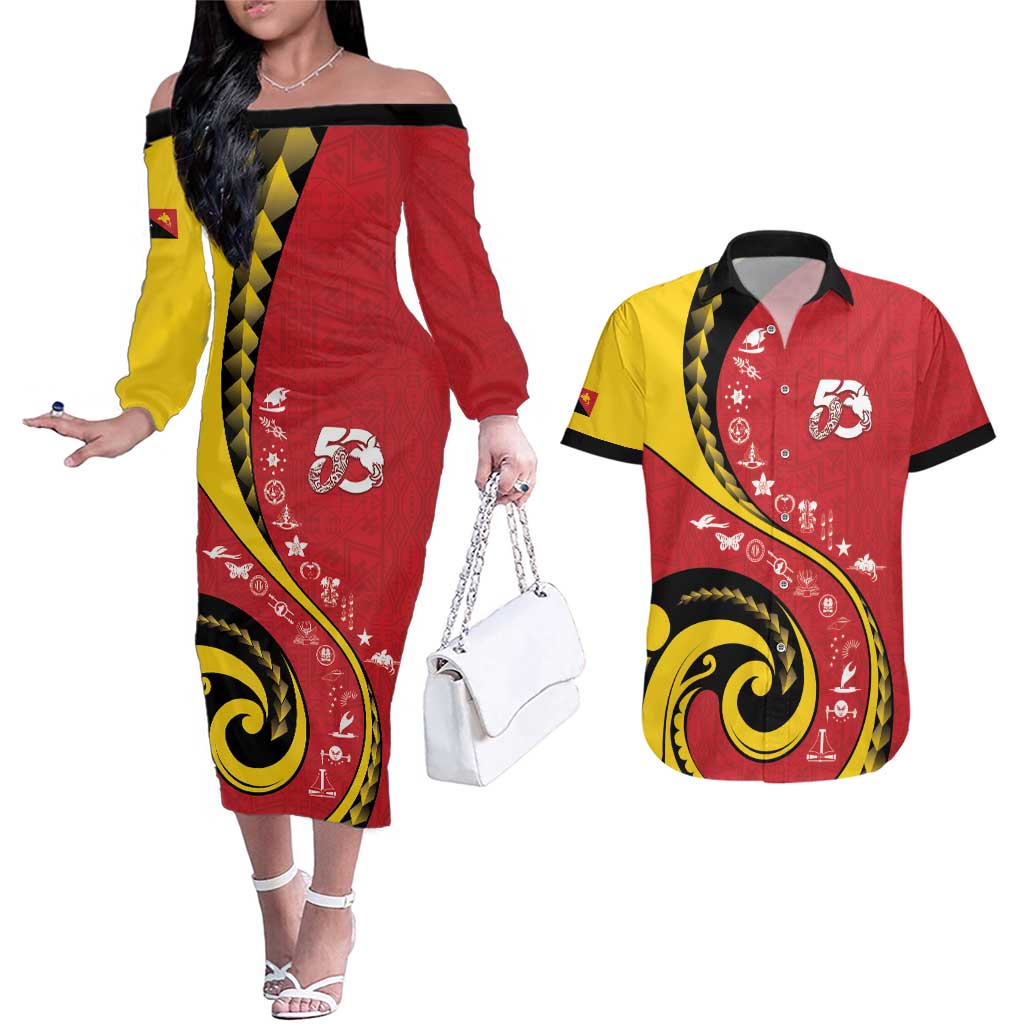 Papua New Guinea 50th Independence Anniversary Couples Matching Off The Shoulder Long Sleeve Dress and Hawaiian Shirt Special Style Red Version LT05 Red - Polynesian Pride