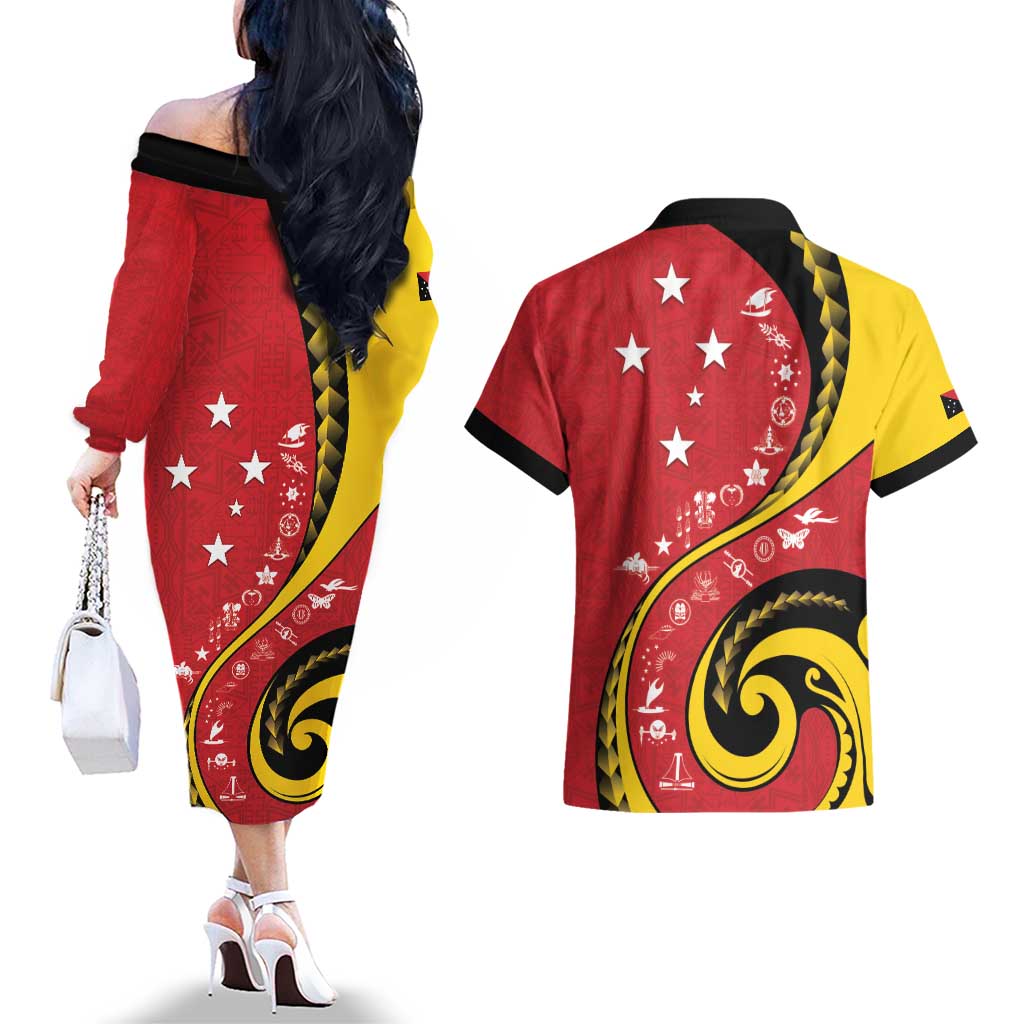Papua New Guinea 50th Independence Anniversary Couples Matching Off The Shoulder Long Sleeve Dress and Hawaiian Shirt Special Style Red Version LT05 - Polynesian Pride