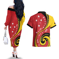 Papua New Guinea 50th Independence Anniversary Couples Matching Off The Shoulder Long Sleeve Dress and Hawaiian Shirt Special Style Red Version LT05 - Polynesian Pride