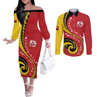 Papua New Guinea 50th Independence Anniversary Couples Matching Off The Shoulder Long Sleeve Dress and Long Sleeve Button Shirt Special Style Red Version LT05 Red - Polynesian Pride