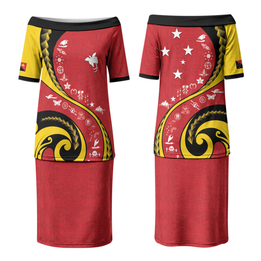 Papua New Guinea Independence Couples Matching Puletasi and Long Sleeve Button Shirt Special Style Red Version LT05 - Polynesian Pride