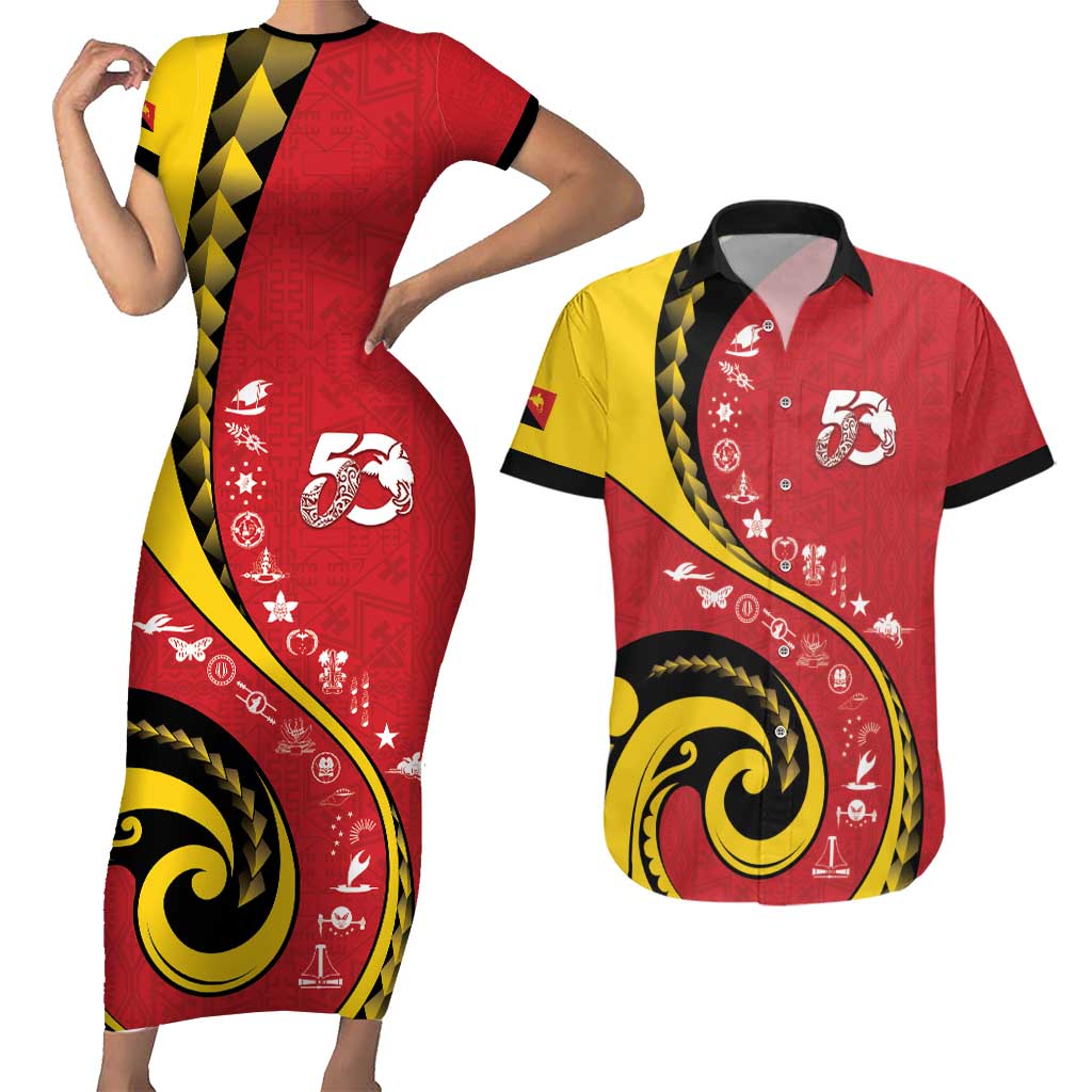 Papua New Guinea 50th Independence Anniversary Couples Matching Short Sleeve Bodycon Dress and Hawaiian Shirt Special Style Red Version LT05 Red - Polynesian Pride