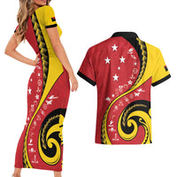 Papua New Guinea 50th Independence Anniversary Couples Matching Short Sleeve Bodycon Dress and Hawaiian Shirt Special Style Red Version LT05 - Polynesian Pride