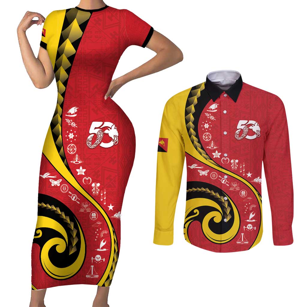 Papua New Guinea 50th Independence Anniversary Couples Matching Short Sleeve Bodycon Dress and Long Sleeve Button Shirt Special Style Red Version LT05 Red - Polynesian Pride